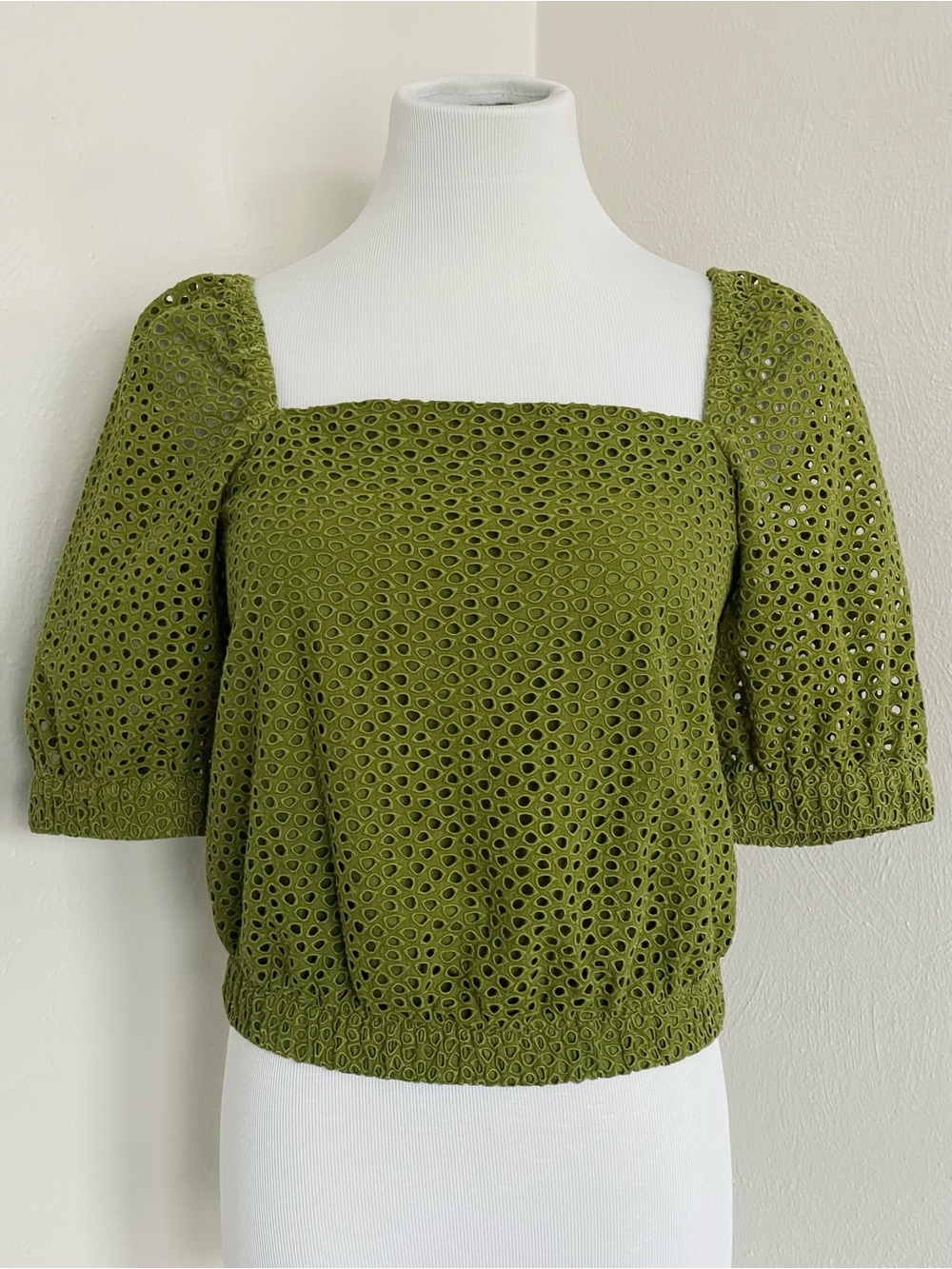 Everlane The Eyelet Puff Sleeve Square Neck Moss Green Top Size Small